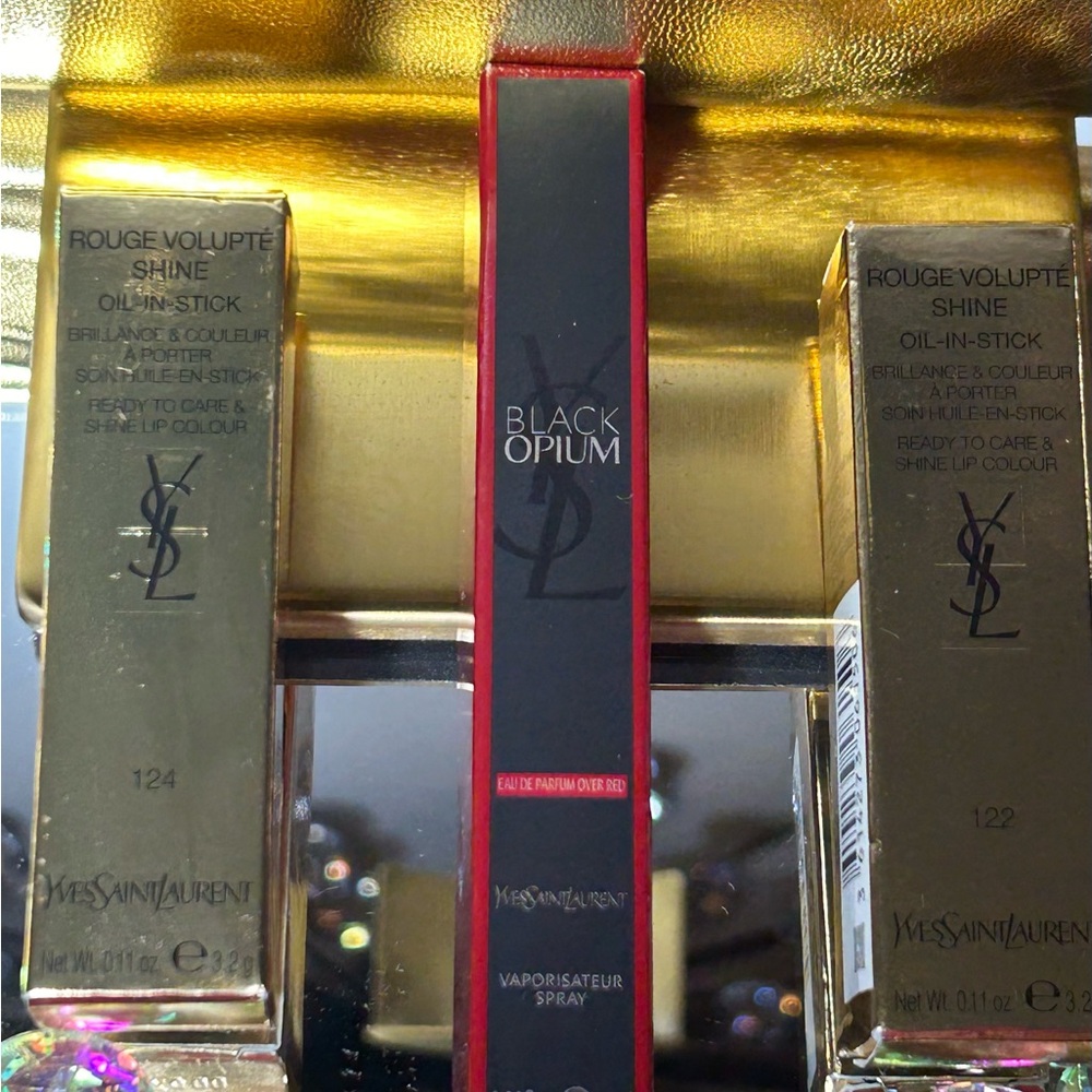 YSL Cosmetic Bundle Metallic Bag 10” x 6.5”, Black Opium 10 ml & 2 Oil Sticks - Picture 1 of 11
